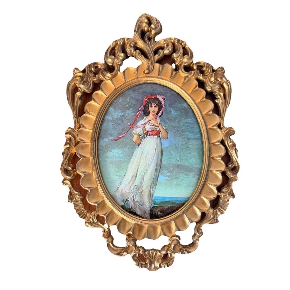 Vintage Italian Baroque Gold Oval Frame MOD DEP.SE 890 Lady Print 10.5” Wall Art
